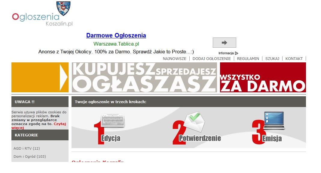 Raklama w portalu bezpłatnych ogłoszeń dla miasta Koszalin i okolic, zachodniopomorskie