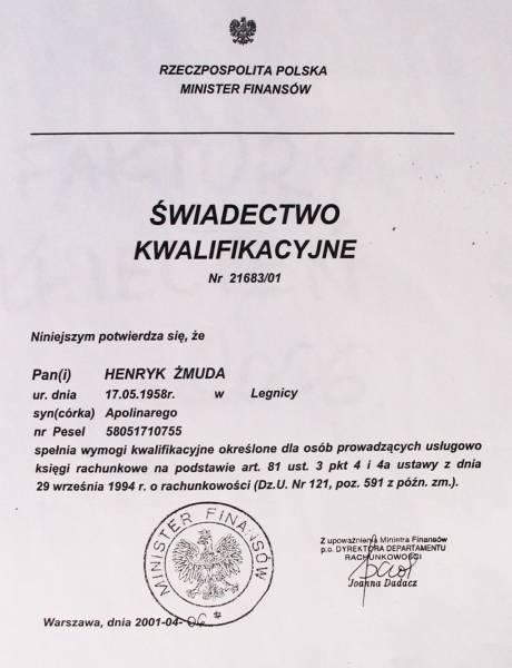 Świadectwo kwalifikacyjne Ministerstwa Finansów Nr 21683/01