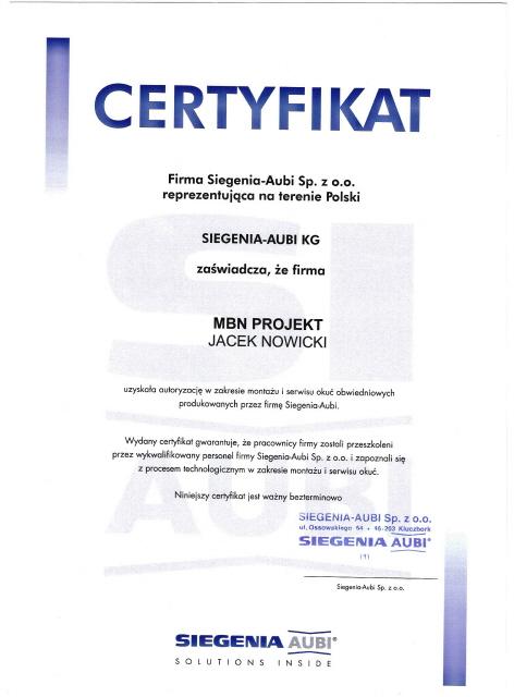Certyfikat - SIEGENIA
