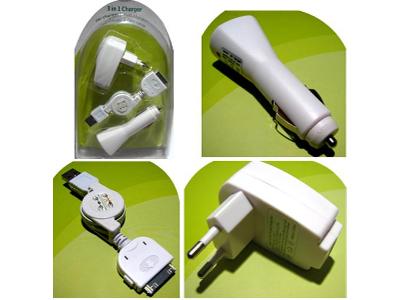 Zestaw Ipod/Iphone ładowarka zasilacz sieciowy i samochodowy, kabel USB - kliknij, aby powiększyć