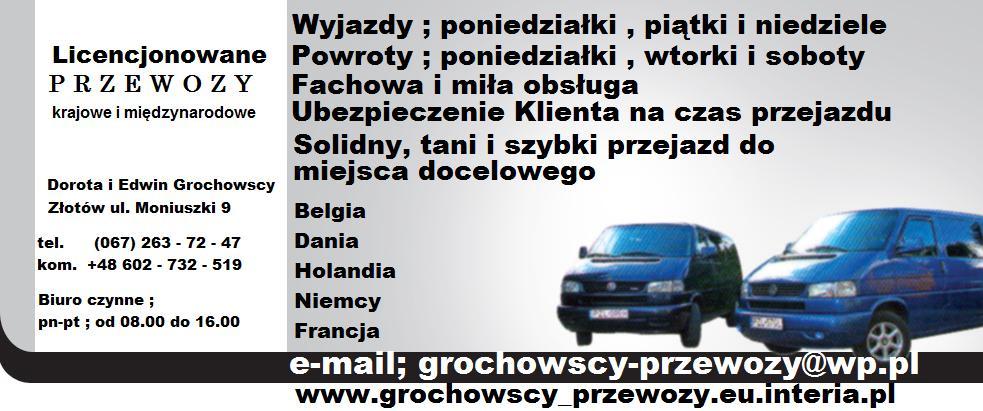 Przewozy krajowe i zagraniczne osób GROCHOWSCY, Złotów,Piła,Poznań,Gorzów,Szczecin, wielkopolskie