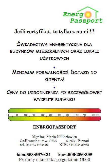 ŚWIADECTWA ENERGETYCZNE,CERTYFIKATY ENERGETYCZNE, Poznań i okolice, wielkopolskie