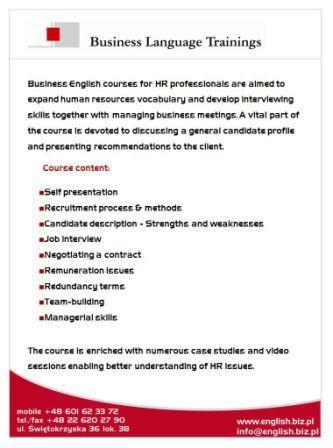 BUSINESS ENGLISH FOR HUMAN RESOURCES, Warszawa, mazowieckie