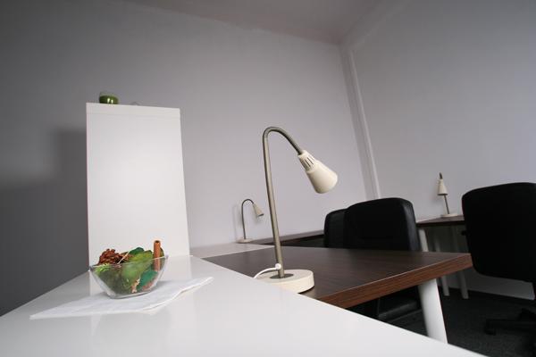 Biurka do pracy, wyposażone w skórzane fotele i lampki.