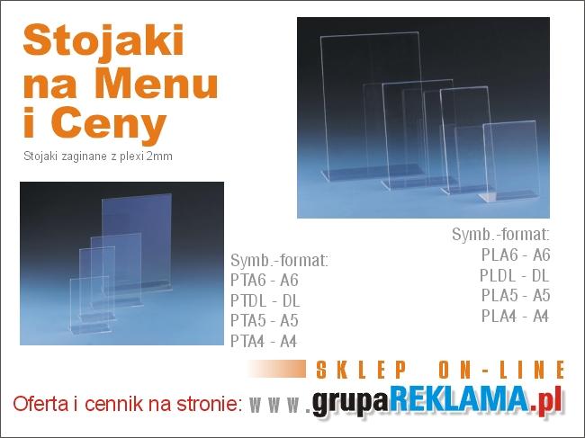 Stojaki na Menu z plexi. Zaginane bezbarwne plexi. Typ T dwustronny. Typ L jednostronny.