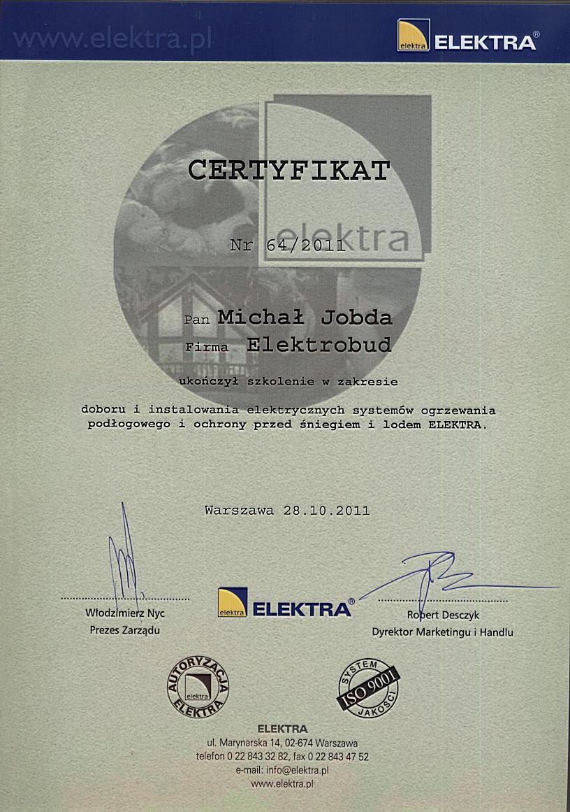 Certyfikat firmy ELEKTRA