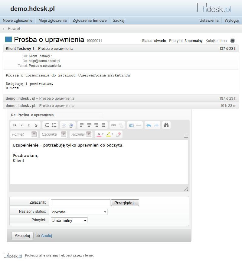 Zgłoszenie w panelu klienta serwisu hdesk.pl