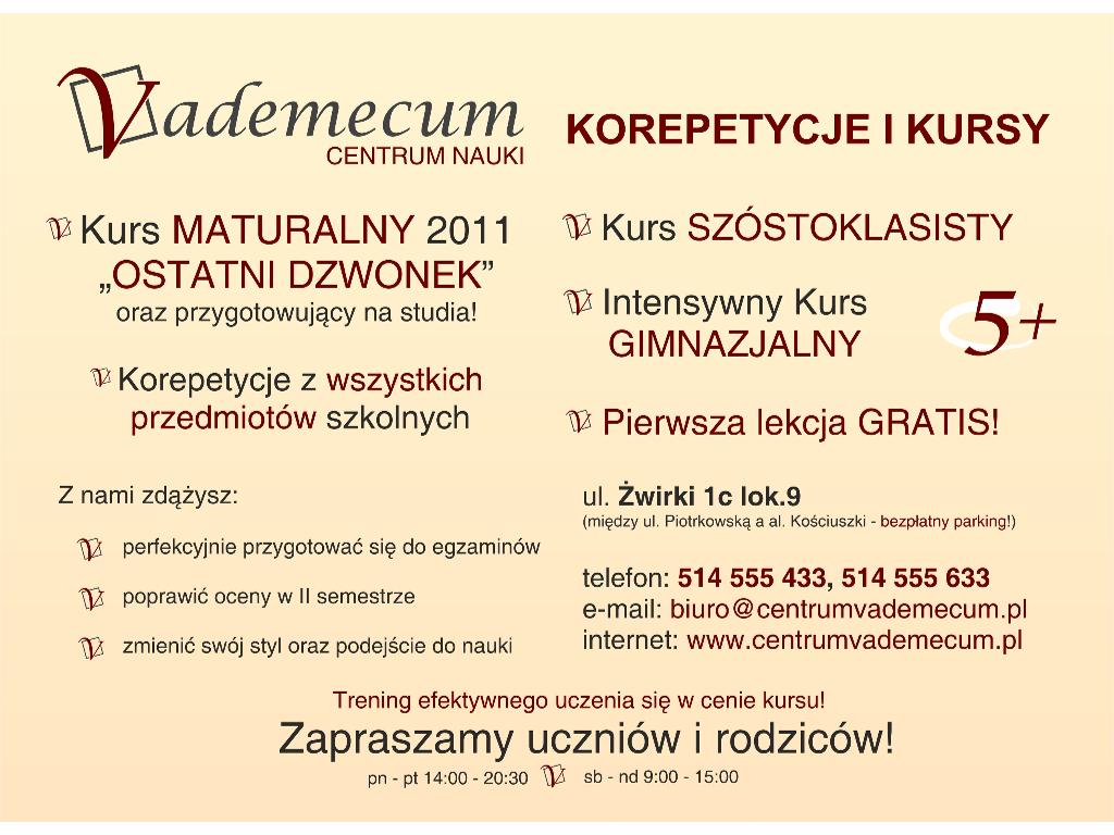 Matura 2011, Gimnazjum, Korepetycje - VADEMECUM, Łódź, łódzkie