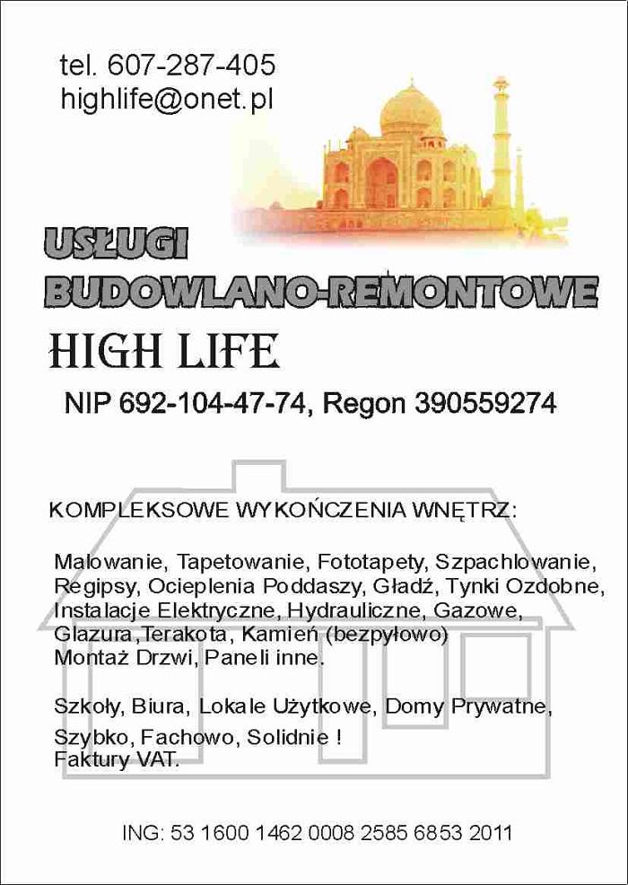 USŁUGI BUDOWLANO- REMONTOWE     H I G H   L I F E, Lubin i najbliższe okolice, Legnica, dolnośląskie