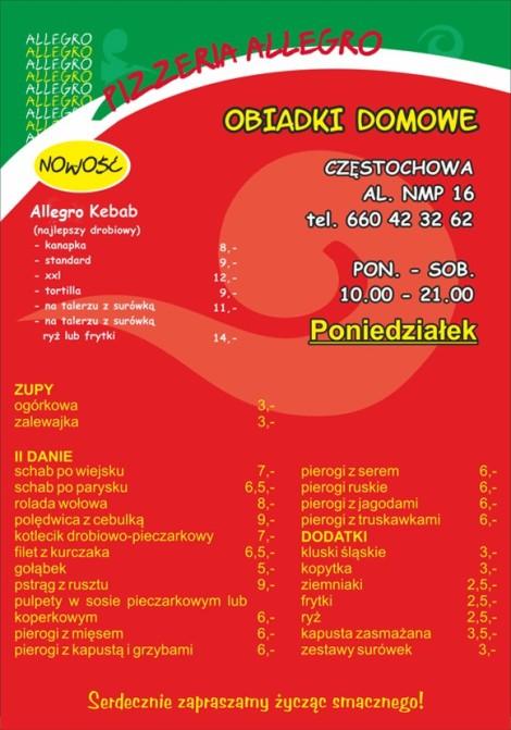 Pizzeria Allegro Najlepsza Kuchnia Włoska! dowóz, Częstochowa, śląskie