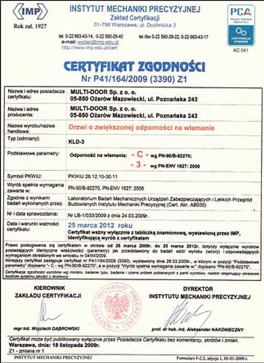 Certyfikat KLD - 3 RON