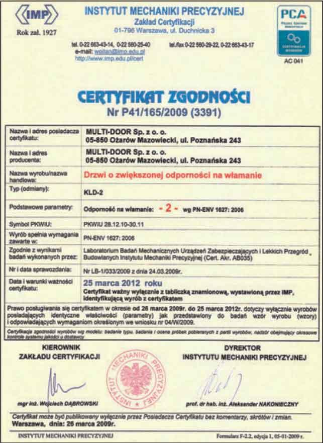 Certyfikat KLD - 2 ZOL
