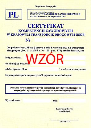 Certyfikat Kompetencji Zawodowych krajowym transporcie osób