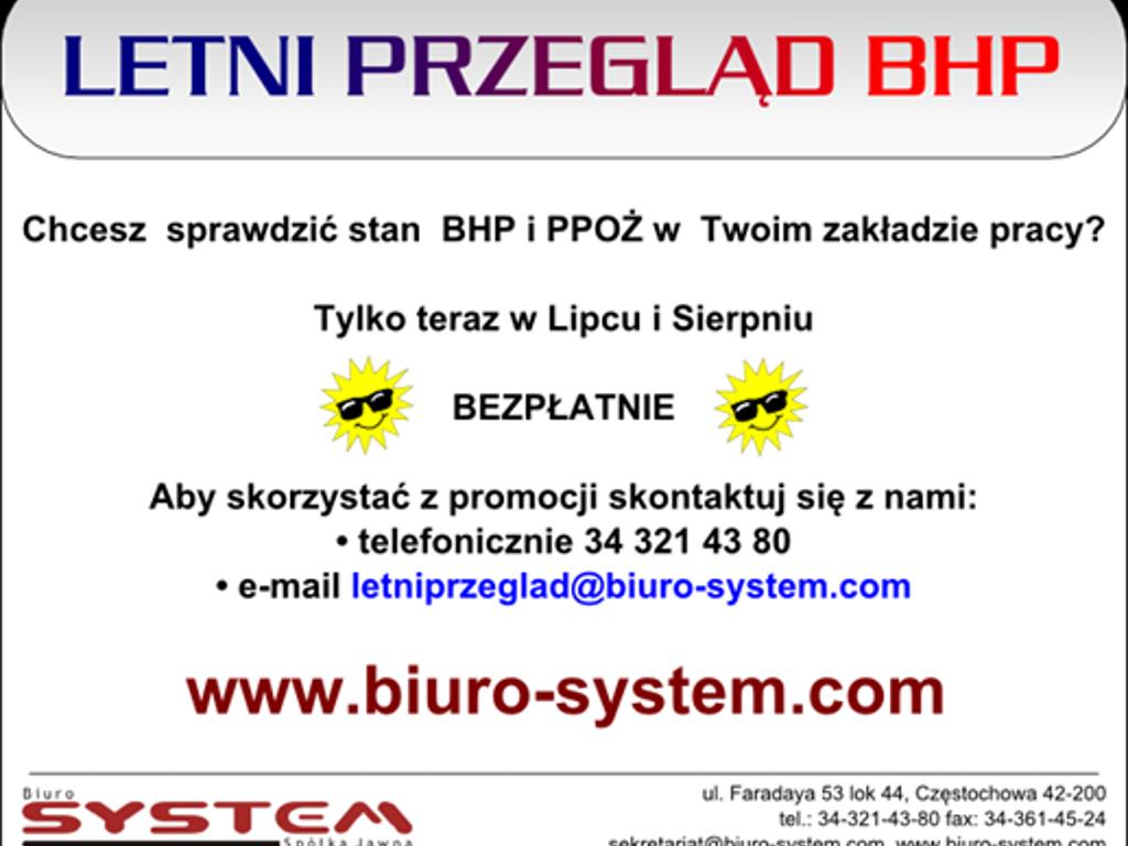 Darmowy Przeglad BHP   Zapraszamy - Biuro System, Częstochowa, śląskie