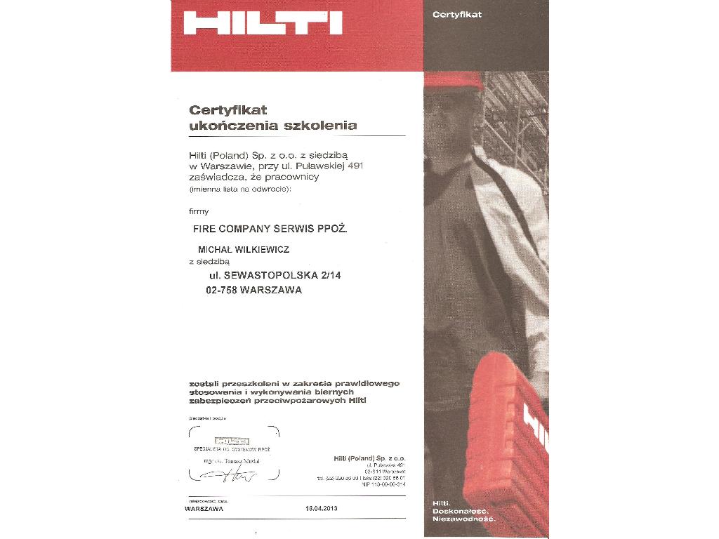 Certyfikat szkoleniowy Hilti