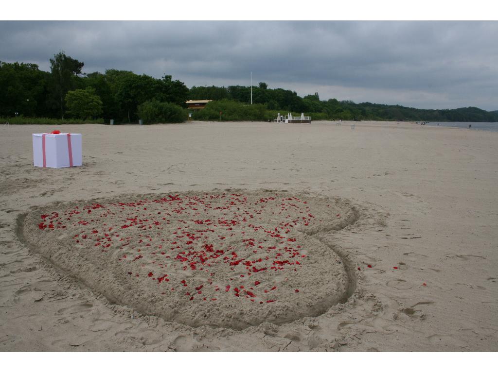 Zaręczyny nad morzem. Serce z płatków róż.