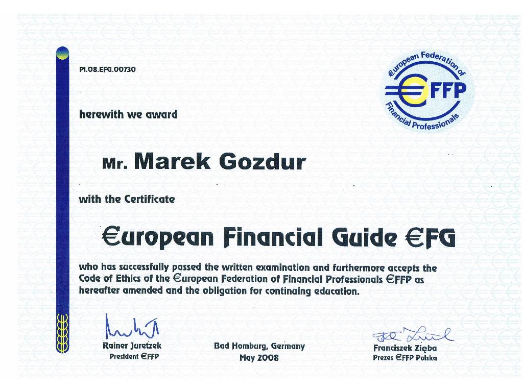 Certyfikat EFFP Polska-organizacji Doradców Finansowych