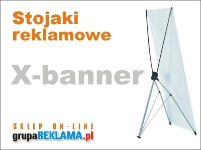 Stojak reklamowy X-Banner, baner z 4 oczkami naciągany na konstrukcję stojaka reklamowego. - kliknij, aby powiększyć