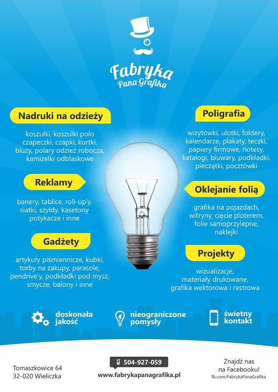 Nadruki na odzieży, gadżety, poligrafia, reklamy, Wieliczka, małopolskie