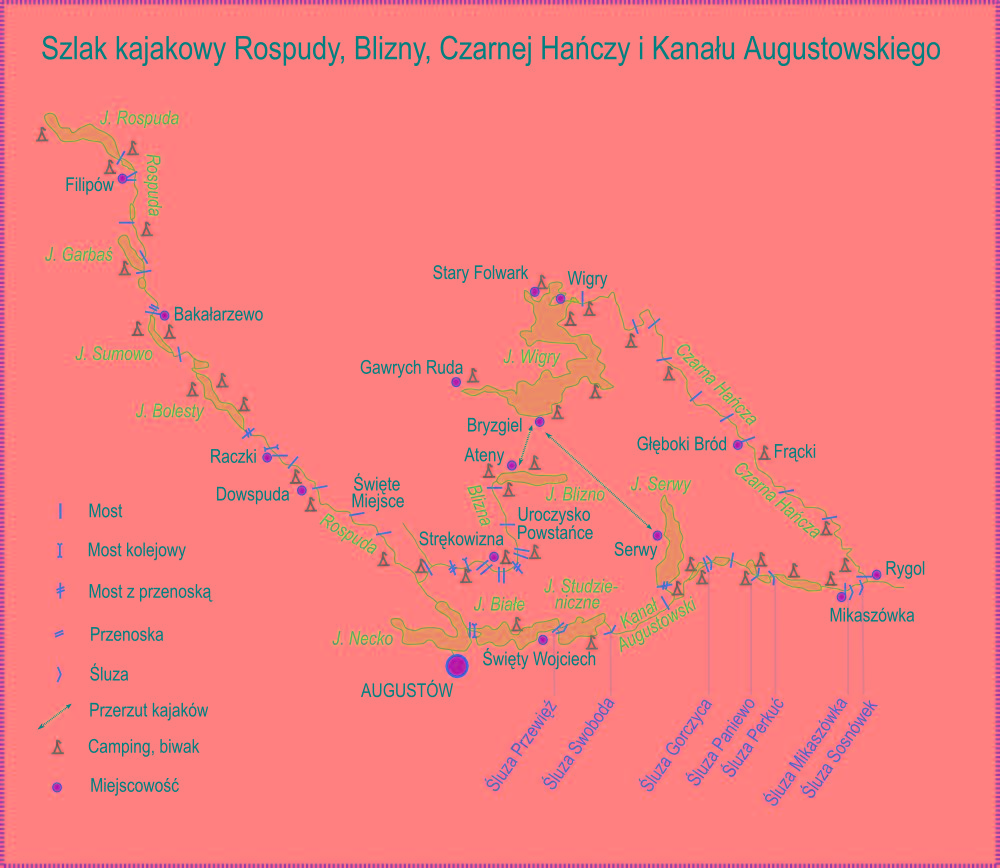 Mapa spływu kajakowego Czarna Kańcza, - Augustów - Rospuda