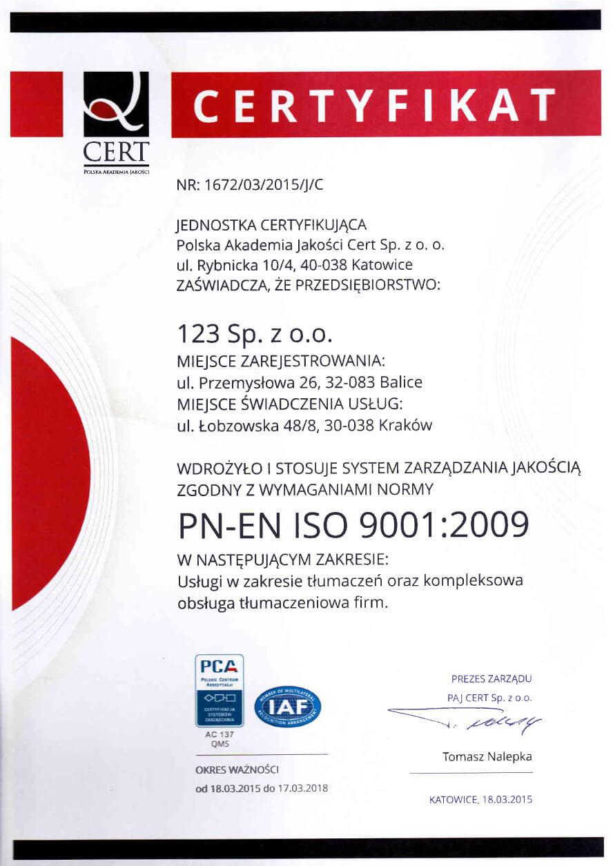 Certyfikat ISO PN-EN ISO-9001:2009