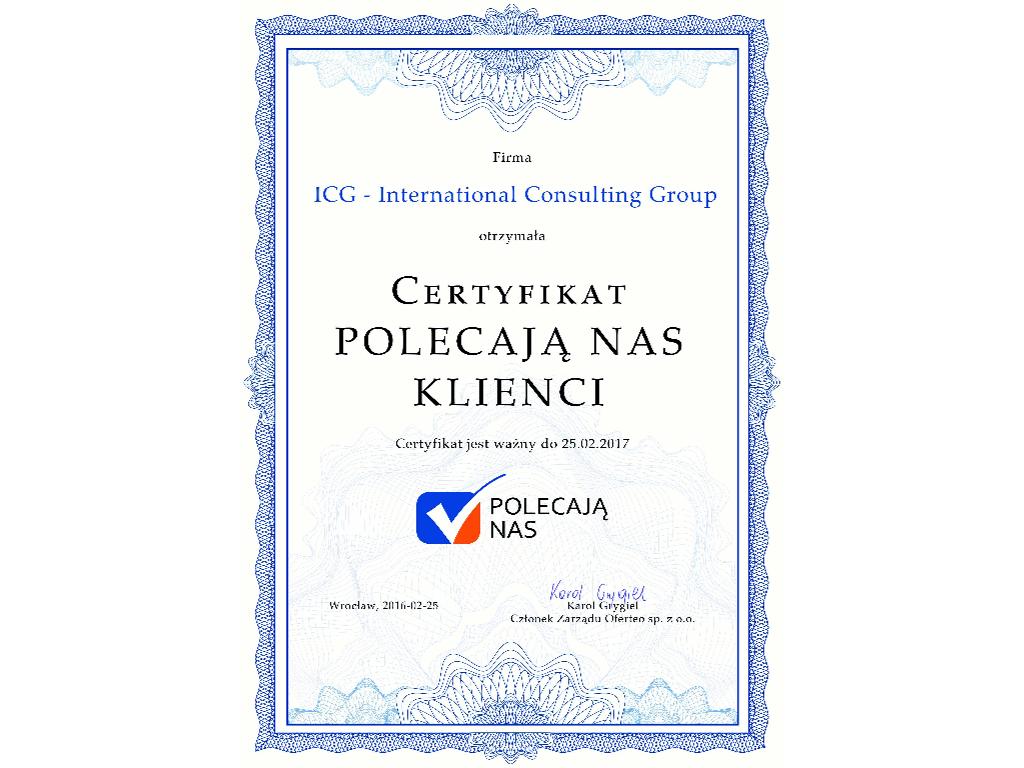 Polecają NAS- certyfikat dla ICG