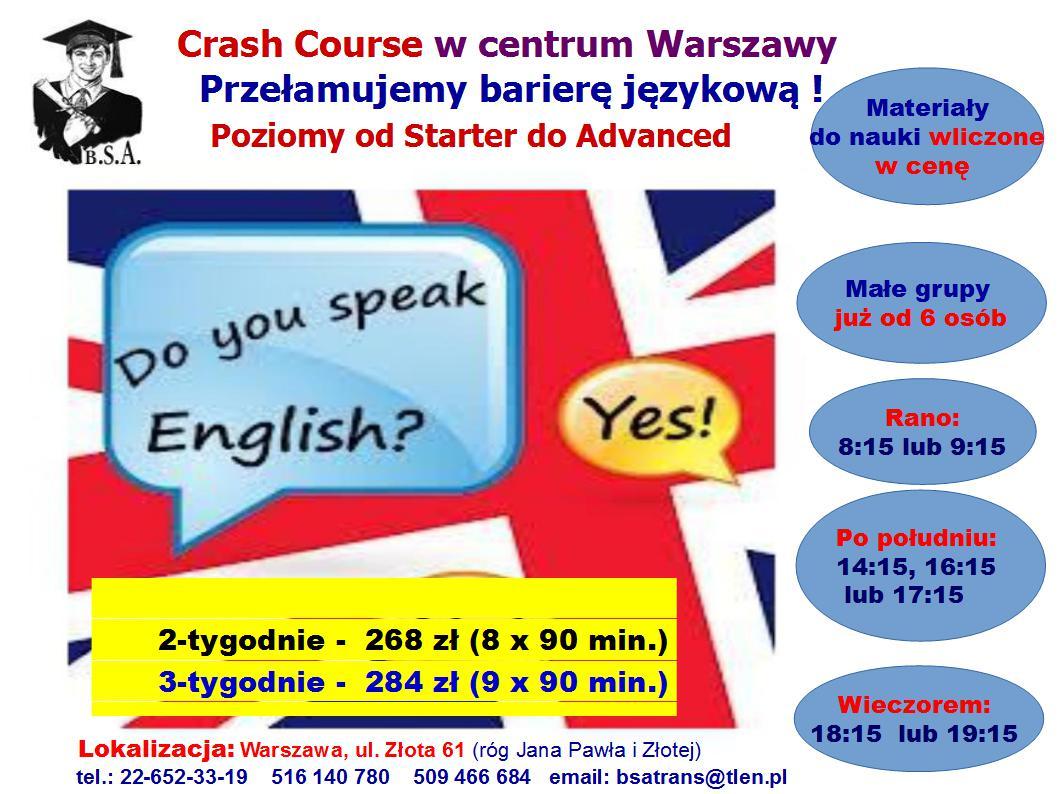 JĘZYK ANGIELSKI Crash Course April 2018 poziomy Podstawowy, A2, B1, B2, Warszawa, mazowieckie