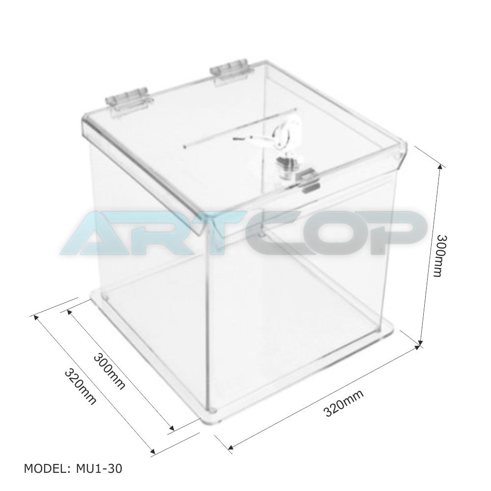 urna z plexi 30cm x 30cm x 30cm z wymiarami