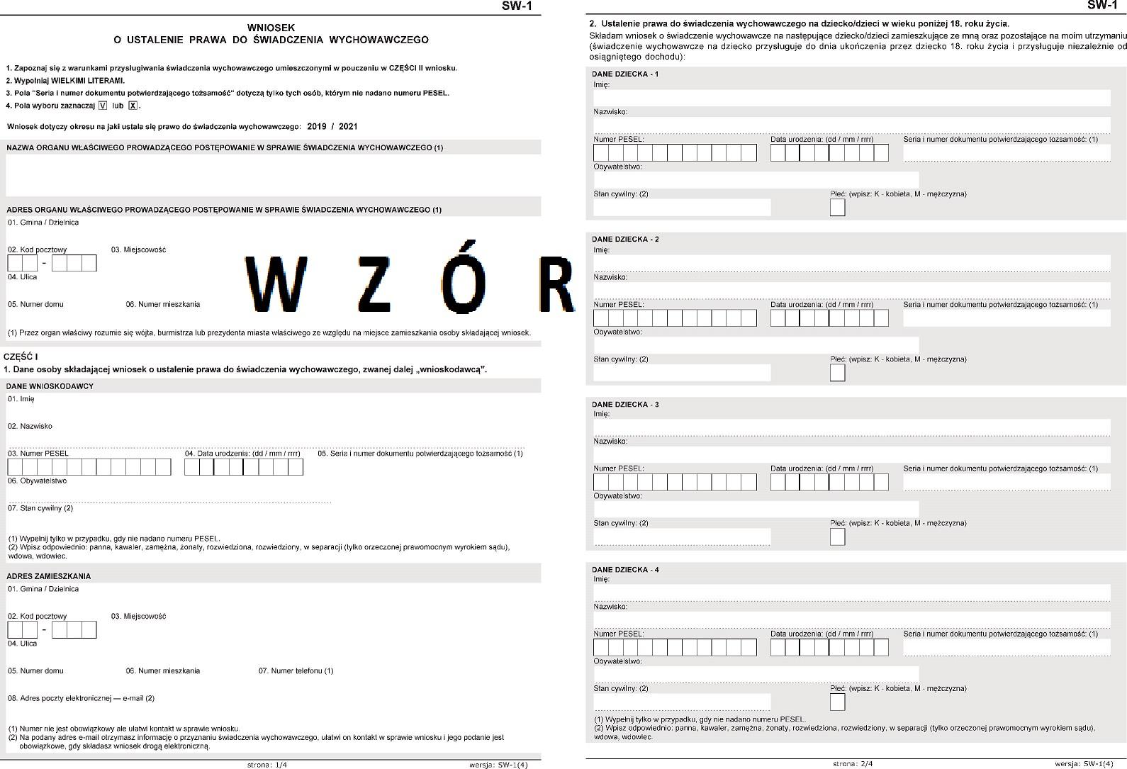 Druki Wniosków 500 plus, Oświadczeń , SW - 1, SR - 2, SR - 4.