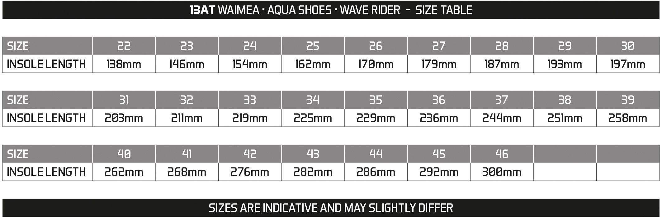 Buty do wody 13AT tabela rozmiarów