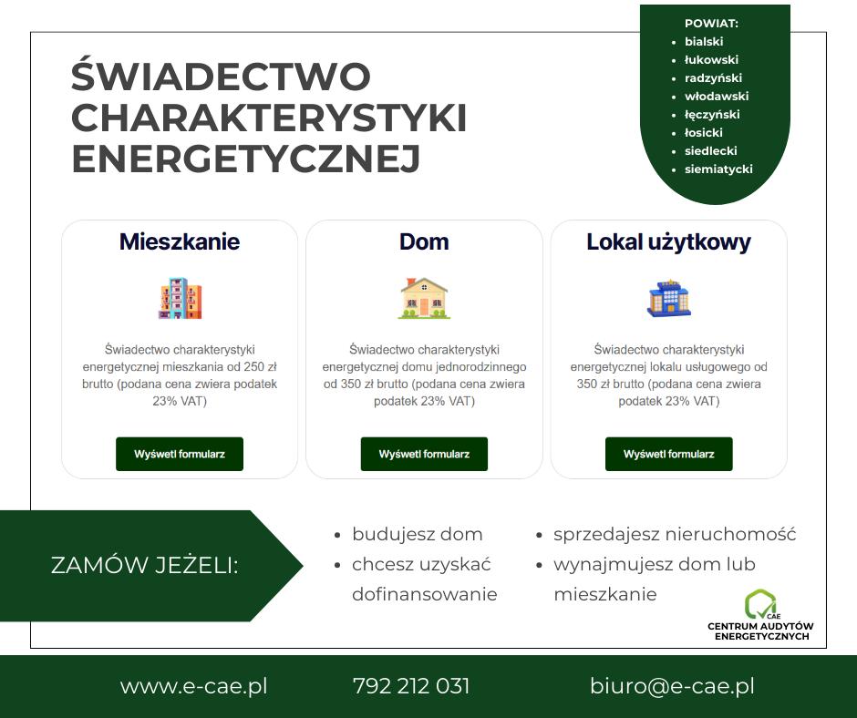 Audyt energetyczny. Świadectwo energetyczne., Biała Podlaska, Międzyrzec Podlaski, Siemiatycze, lubelskie