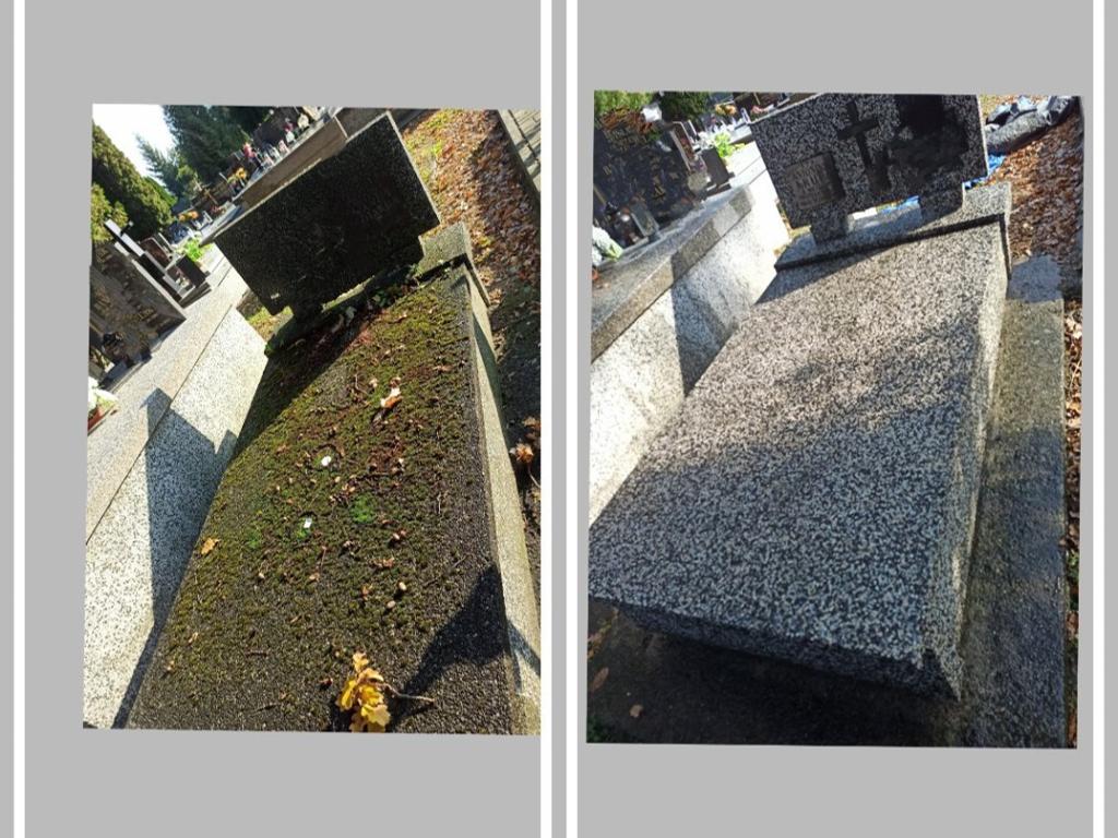 Czyszczenie nagrobka z mchu i porostów
