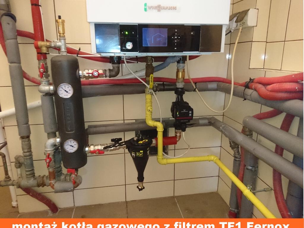 montaż kotła gazowego 49kw z filtrem TF1 Fernox i sprzegłem 