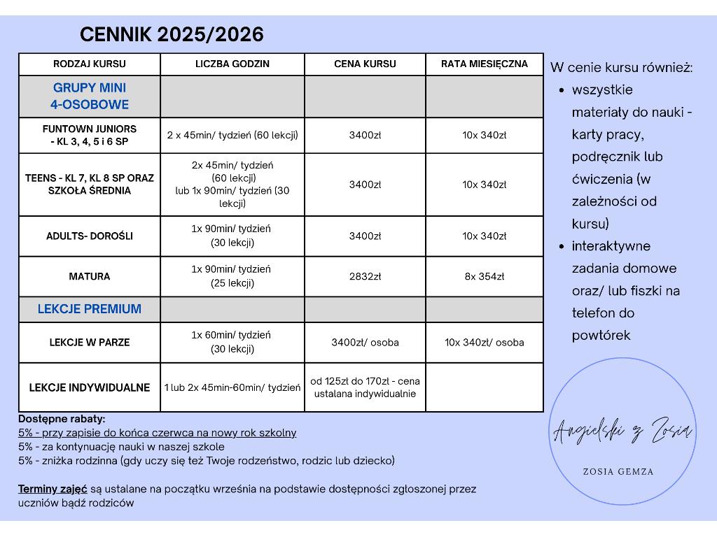 Angielski z Zosia Zosia Gemza Olimpin Brzoza Cennik