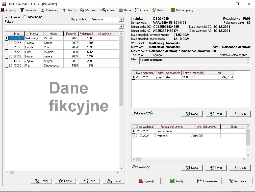 Program do obsługi floty samochodowej OMF okno główne